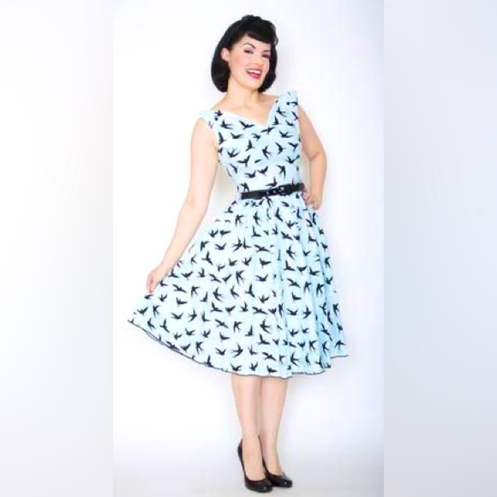 Bernie Dexter Bird Crane Swallow print dress with buttons Birds Pinup MCM 50s
